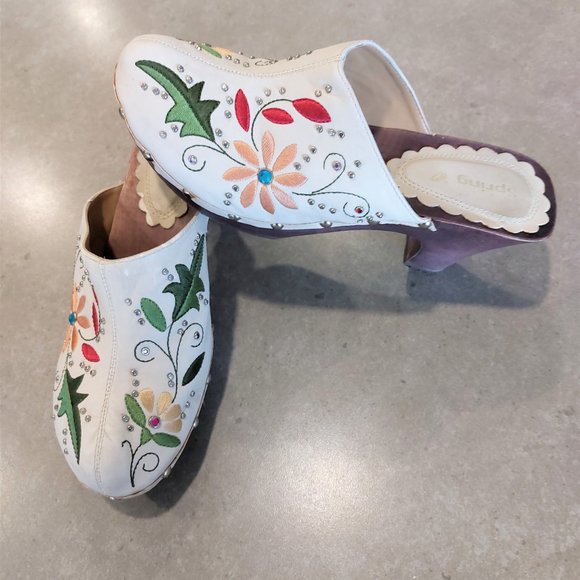SPRING Women's Ivory Floral Embroidered Leather Platform Mules/Clogs Size 7.5M - Picture 5 of 10